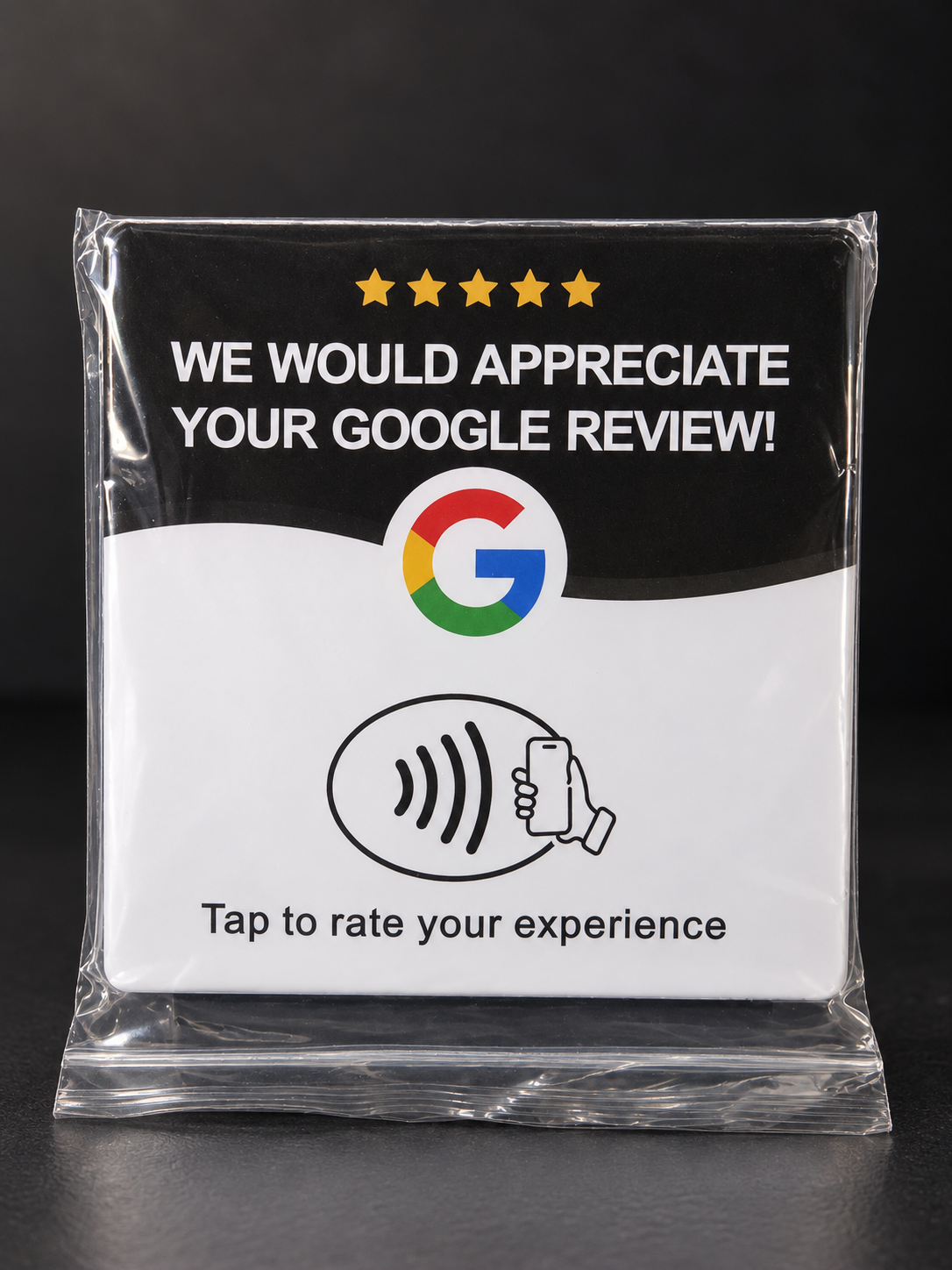 Our Google review NFC card with a tap-to-review symbol